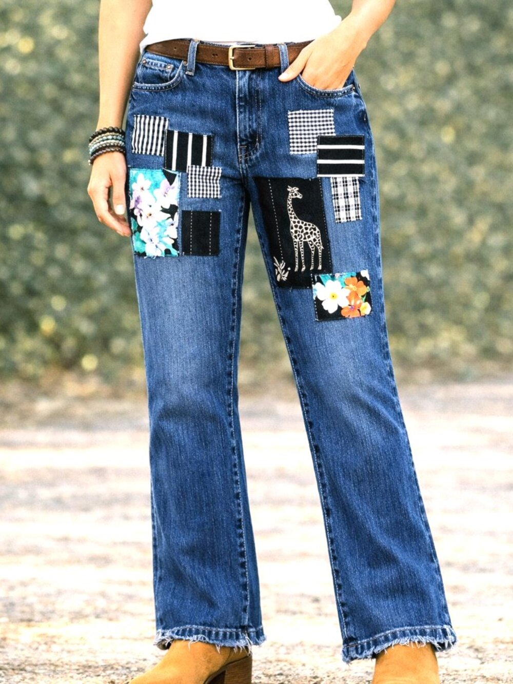 Boho Hippie Patch Jeans, Upcycled Pants, Tropical Patchwork Giraffes Size 8 Long